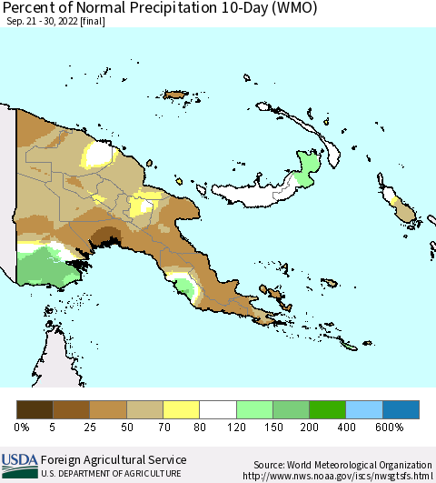 Papua New Guinea Percent of Normal Precipitation 10-Day (WMO) Thematic Map For 9/21/2022 - 9/30/2022