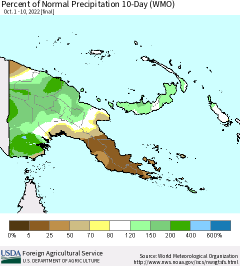 Papua New Guinea Percent of Normal Precipitation 10-Day (WMO) Thematic Map For 10/1/2022 - 10/10/2022