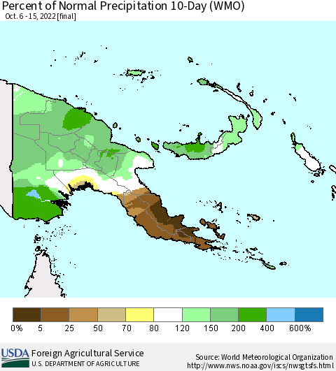 Papua New Guinea Percent of Normal Precipitation 10-Day (WMO) Thematic Map For 10/6/2022 - 10/15/2022