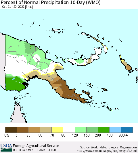 Papua New Guinea Percent of Normal Precipitation 10-Day (WMO) Thematic Map For 10/11/2022 - 10/20/2022