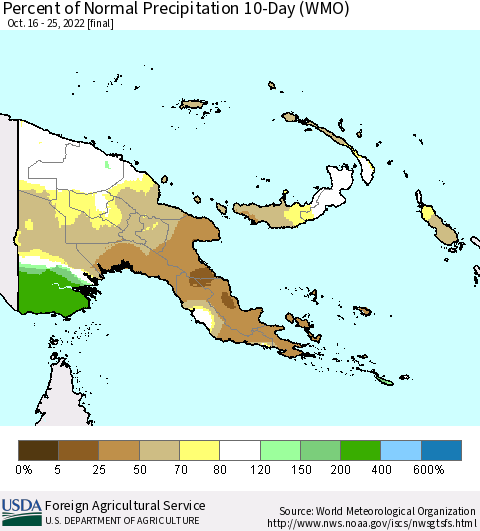 Papua New Guinea Percent of Normal Precipitation 10-Day (WMO) Thematic Map For 10/16/2022 - 10/25/2022