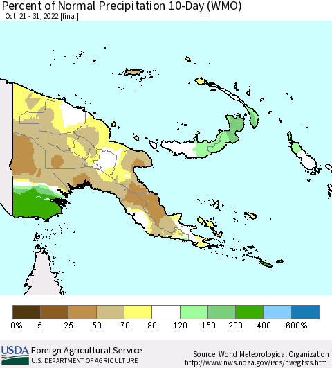 Papua New Guinea Percent of Normal Precipitation 10-Day (WMO) Thematic Map For 10/21/2022 - 10/31/2022