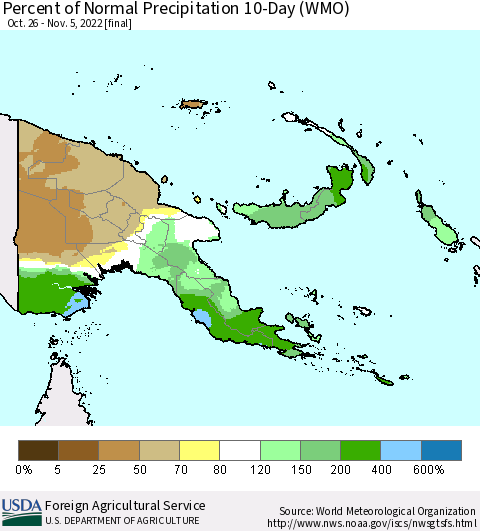 Papua New Guinea Percent of Normal Precipitation 10-Day (WMO) Thematic Map For 10/26/2022 - 11/5/2022