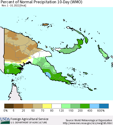 Papua New Guinea Percent of Normal Precipitation 10-Day (WMO) Thematic Map For 11/1/2022 - 11/10/2022