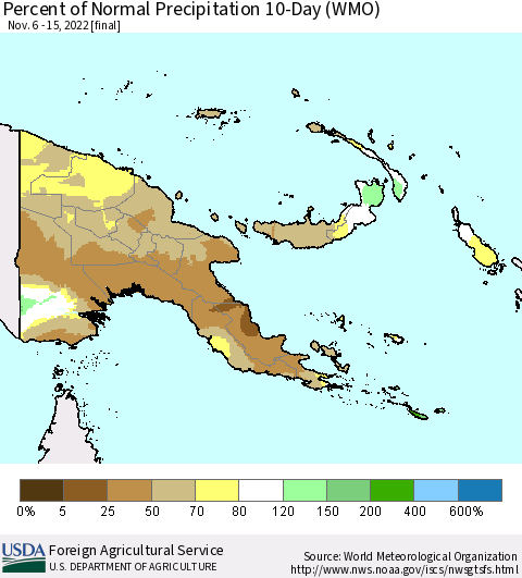 Papua New Guinea Percent of Normal Precipitation 10-Day (WMO) Thematic Map For 11/6/2022 - 11/15/2022