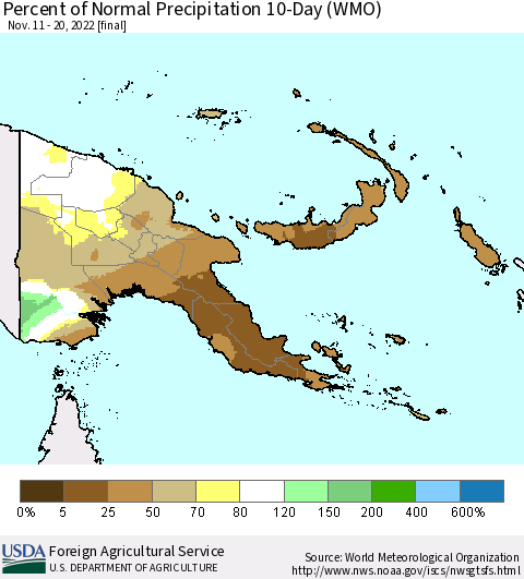 Papua New Guinea Percent of Normal Precipitation 10-Day (WMO) Thematic Map For 11/11/2022 - 11/20/2022