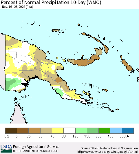 Papua New Guinea Percent of Normal Precipitation 10-Day (WMO) Thematic Map For 11/16/2022 - 11/25/2022