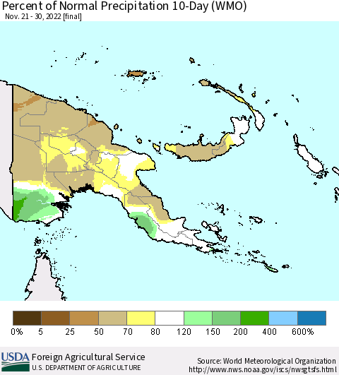 Papua New Guinea Percent of Normal Precipitation 10-Day (WMO) Thematic Map For 11/21/2022 - 11/30/2022