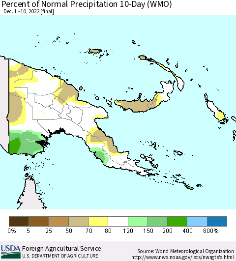 Papua New Guinea Percent of Normal Precipitation 10-Day (WMO) Thematic Map For 12/1/2022 - 12/10/2022