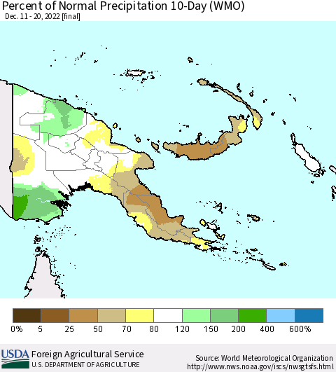 Papua New Guinea Percent of Normal Precipitation 10-Day (WMO) Thematic Map For 12/11/2022 - 12/20/2022