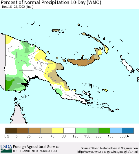 Papua New Guinea Percent of Normal Precipitation 10-Day (WMO) Thematic Map For 12/16/2022 - 12/25/2022