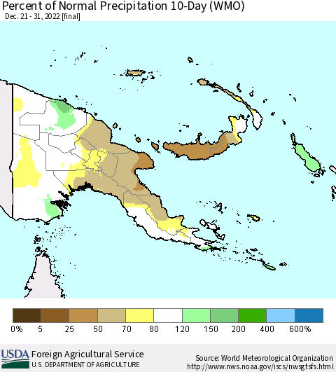Papua New Guinea Percent of Normal Precipitation 10-Day (WMO) Thematic Map For 12/21/2022 - 12/31/2022