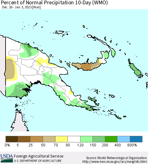 Papua New Guinea Percent of Normal Precipitation 10-Day (WMO) Thematic Map For 12/26/2022 - 1/5/2023