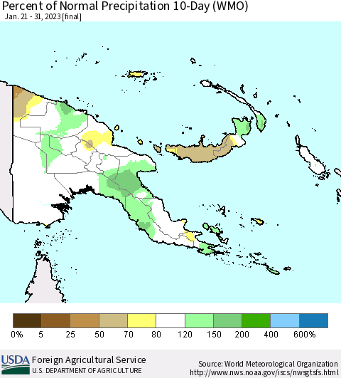 Papua New Guinea Percent of Normal Precipitation 10-Day (WMO) Thematic Map For 1/21/2023 - 1/31/2023