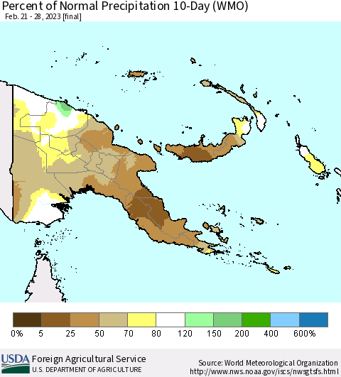 Papua New Guinea Percent of Normal Precipitation 10-Day (WMO) Thematic Map For 2/21/2023 - 2/28/2023