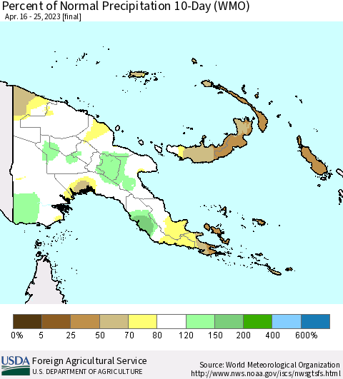 Papua New Guinea Percent of Normal Precipitation 10-Day (WMO) Thematic Map For 4/16/2023 - 4/25/2023