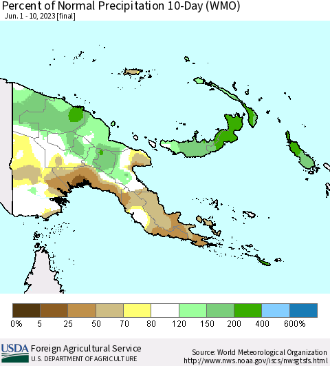 Papua New Guinea Percent of Normal Precipitation 10-Day (WMO) Thematic Map For 6/1/2023 - 6/10/2023
