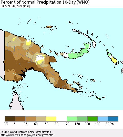 Papua New Guinea Percent of Normal Precipitation 10-Day (WMO) Thematic Map For 6/21/2023 - 6/30/2023