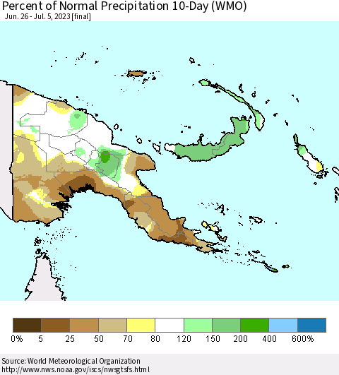 Papua New Guinea Percent of Normal Precipitation 10-Day (WMO) Thematic Map For 6/26/2023 - 7/5/2023