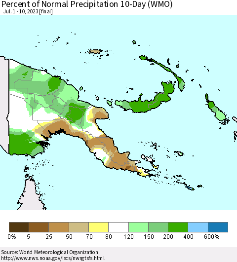 Papua New Guinea Percent of Normal Precipitation 10-Day (WMO) Thematic Map For 7/1/2023 - 7/10/2023