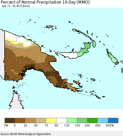 Papua New Guinea Percent of Normal Precipitation 10-Day (WMO) Thematic Map For 9/11/2023 - 9/20/2023