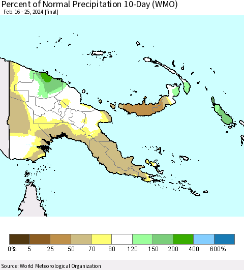 Papua New Guinea Percent of Normal Precipitation 10-Day (WMO) Thematic Map For 2/16/2024 - 2/25/2024