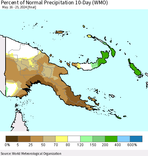 Papua New Guinea Percent of Normal Precipitation 10-Day (WMO) Thematic Map For 5/16/2024 - 5/25/2024