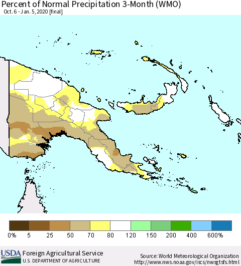Papua New Guinea Percent of Normal Precipitation 3-Month (WMO) Thematic Map For 10/6/2019 - 1/5/2020