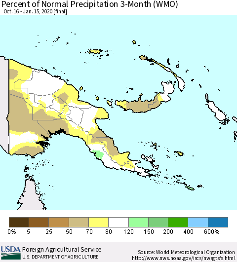 Papua New Guinea Percent of Normal Precipitation 3-Month (WMO) Thematic Map For 10/16/2019 - 1/15/2020