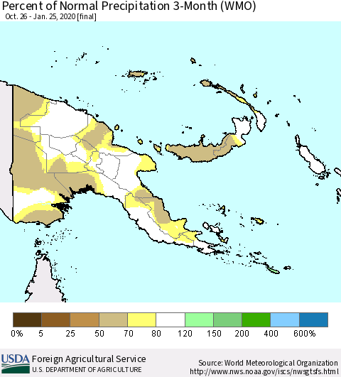 Papua New Guinea Percent of Normal Precipitation 3-Month (WMO) Thematic Map For 10/26/2019 - 1/25/2020