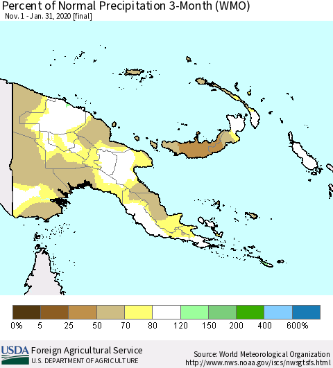 Papua New Guinea Percent of Normal Precipitation 3-Month (WMO) Thematic Map For 11/1/2019 - 1/31/2020