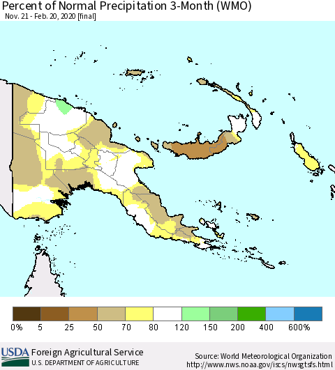 Papua New Guinea Percent of Normal Precipitation 3-Month (WMO) Thematic Map For 11/21/2019 - 2/20/2020
