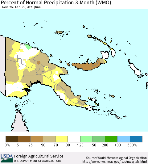 Papua New Guinea Percent of Normal Precipitation 3-Month (WMO) Thematic Map For 11/26/2019 - 2/25/2020
