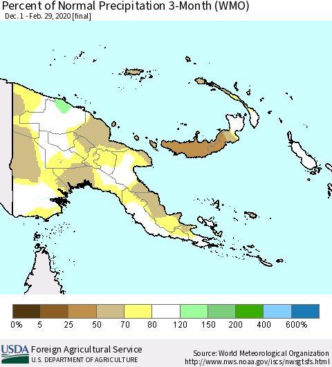 Papua New Guinea Percent of Normal Precipitation 3-Month (WMO) Thematic Map For 12/1/2019 - 2/29/2020