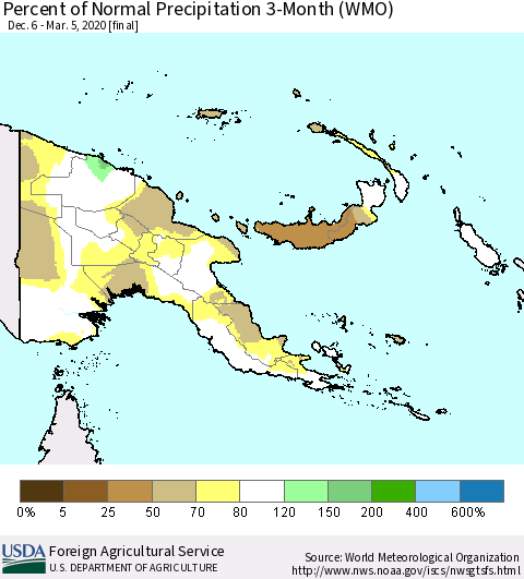 Papua New Guinea Percent of Normal Precipitation 3-Month (WMO) Thematic Map For 12/6/2019 - 3/5/2020