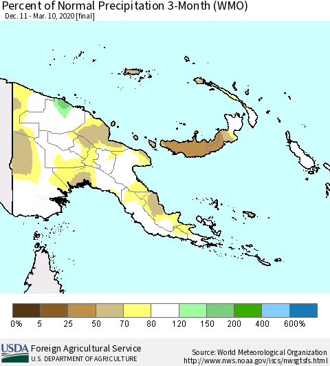 Papua New Guinea Percent of Normal Precipitation 3-Month (WMO) Thematic Map For 12/11/2019 - 3/10/2020