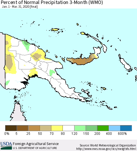 Papua New Guinea Percent of Normal Precipitation 3-Month (WMO) Thematic Map For 1/1/2020 - 3/31/2020