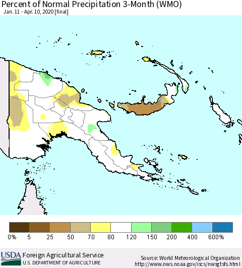 Papua New Guinea Percent of Normal Precipitation 3-Month (WMO) Thematic Map For 1/11/2020 - 4/10/2020