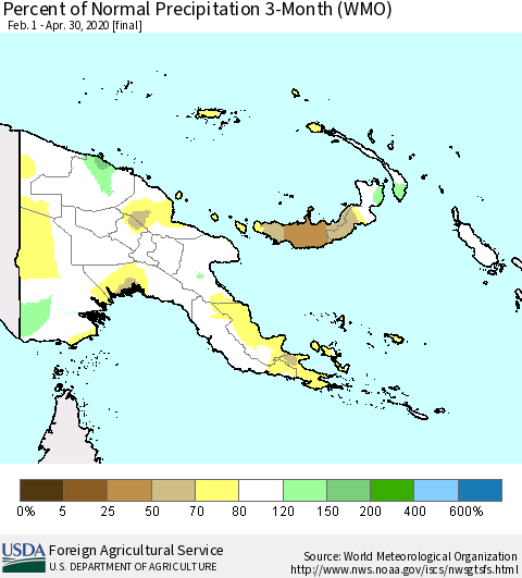 Papua New Guinea Percent of Normal Precipitation 3-Month (WMO) Thematic Map For 2/1/2020 - 4/30/2020