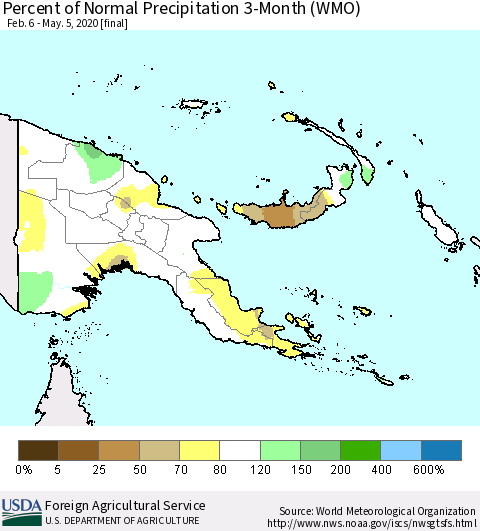 Papua New Guinea Percent of Normal Precipitation 3-Month (WMO) Thematic Map For 2/6/2020 - 5/5/2020