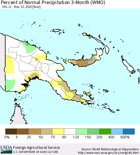 Papua New Guinea Percent of Normal Precipitation 3-Month (WMO) Thematic Map For 2/11/2020 - 5/10/2020