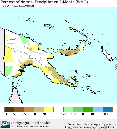 Papua New Guinea Percent of Normal Precipitation 3-Month (WMO) Thematic Map For 2/16/2020 - 5/15/2020