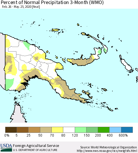 Papua New Guinea Percent of Normal Precipitation 3-Month (WMO) Thematic Map For 2/26/2020 - 5/25/2020
