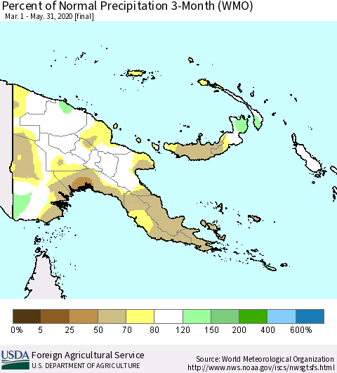 Papua New Guinea Percent of Normal Precipitation 3-Month (WMO) Thematic Map For 3/1/2020 - 5/31/2020