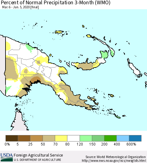 Papua New Guinea Percent of Normal Precipitation 3-Month (WMO) Thematic Map For 3/6/2020 - 6/5/2020