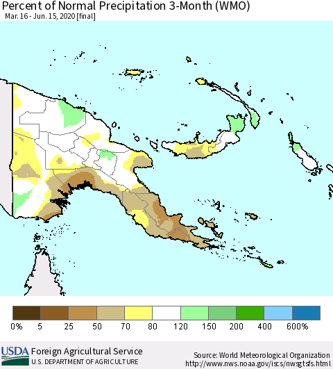 Papua New Guinea Percent of Normal Precipitation 3-Month (WMO) Thematic Map For 3/16/2020 - 6/15/2020