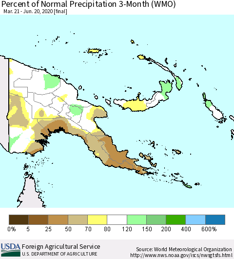 Papua New Guinea Percent of Normal Precipitation 3-Month (WMO) Thematic Map For 3/21/2020 - 6/20/2020