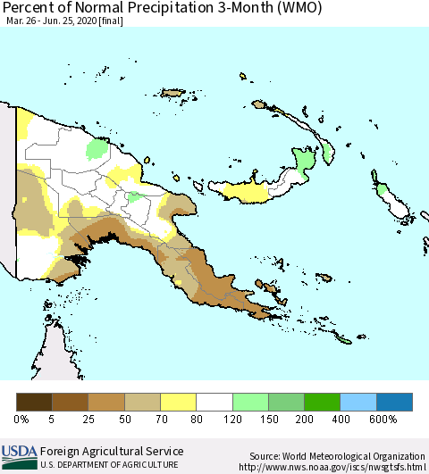 Papua New Guinea Percent of Normal Precipitation 3-Month (WMO) Thematic Map For 3/26/2020 - 6/25/2020