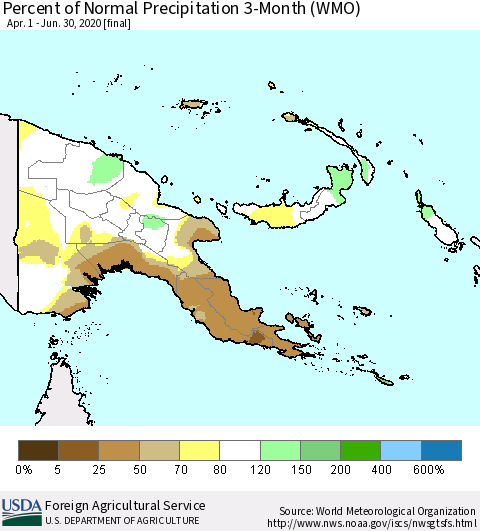 Papua New Guinea Percent of Normal Precipitation 3-Month (WMO) Thematic Map For 4/1/2020 - 6/30/2020