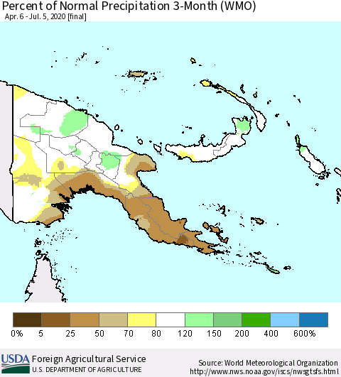 Papua New Guinea Percent of Normal Precipitation 3-Month (WMO) Thematic Map For 4/6/2020 - 7/5/2020